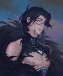  1boy artist_name artistdkt bare_pectorals black_hair blurry blurry_background cloud cloudy_sky coat compression_shirt eyewear_strap genshin_impact glasses highres long_hair looking_to_the_side male_focus manly mature_male muscular muscular_male night night_sky nipple_piercing nipples orange_eyes outdoors pantalone_(genshin_impact) pectorals piercing signature sky smile solo star_(sky) starry_sky 