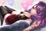  1girl absurdres bangs bare_shoulders black_dress black_nails black_thighhighs blurry blurry_background blush bracelet breasts cleavage dress gundou_mirei highres jewelry large_breasts lips long_hair looking_at_viewer lying nail_polish nijisanji on_back parted_lips purple_eyes purple_hair rai_(newtype_xm-x1) smile thighhighs thighs virtual_youtuber 