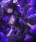  1girl animal_ears ateez_hncrn black_hair blood blood_on_face blush breasts cat_ears cat_girl cat_tail colored_tips commission dress large_breasts long_hair looking_at_viewer looking_back multicolored_hair open_mouth original purple_eyes purple_hair purple_theme skeb_commission solo tail 