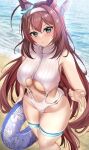  1girl :o ahoge animal_ears beach blue_eyes breasts brown_hair fukuda_shuushi highres horse_ears horse_girl horse_tail large_breasts long_hair looking_at_viewer mihono_bourbon_(umamusume) navel one-piece_swimsuit standing summer swimsuit tail thigh_strap umamusume underboob white_swimsuit 