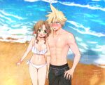  1boy 1girl 2020 :d aerith_gainsborough arm_grab bare_arms bare_legs beach bikini blonde_hair blue_eyes blush bow breasts brown_hair cleavage cloud_strife collarbone couple cowboy_shot dated earrings embarrassed final_fantasy final_fantasy_vii green_eyes groin hair_bow hair_intakes hetero jewelry krudears large_breasts lens_flare looking_at_another looking_at_viewer lowleg lowleg_bikini male_swimwear navel necklace ocean open_mouth outdoors pink_bow pink_scrunchie ring scrunchie shiny shiny_hair side-tie_bikini signature smile spiked_hair standing star_(symbol) star_necklace summer sweatdrop swimsuit wedding_ring white_bikini wrist_scrunchie 