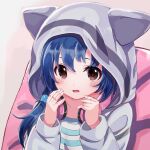  1girl absurdres animal_ears animal_hood bangs blue_hair blue_shirt blush brown_eyes cat_ears character_request collarbone commentary_request copyright_request eyebrows_hidden_by_hair fake_animal_ears grey_hoodie hair_between_eyes hands_on_headphones hands_up headphones headphones_around_neck highres hood hood_up hoodie long_hair long_sleeves looking_at_viewer open_mouth pillow pink_background ponytail shirt simple_background sleeves_past_wrists solo striped striped_shirt tirudo29 two-tone_background two-tone_shirt upper_body white_background white_shirt 