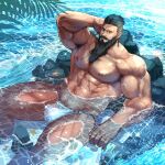  1boy abs admiral_galleus_(monster_hunter) arm_behind_head armpit_hair armpits artist_name bara beach beard biceps black_eyes black_hair bubble chest_hair ear_piercing earrings facial_hair jewelry large_pectorals long_hair looking_at_viewer lying male_focus male_swimwear manly mature_male monster_hunter_(series) muscular muscular_male navel navel_hair nipples no_pants ocean old old_man on_back outdoors palm_tree pectorals piercing rock rybiok signature solo sparkle spiked_hair starfish stud_earrings swim_briefs thick_arms thick_eyebrows thick_thighs thighs topless_male tree veins veiny_arms water water_drop wet 