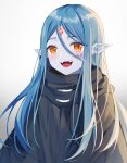  1girl :d black_robe blue_hair blush colored_skin dungeon_ni_deai_wo_motomeru_no_wa_machigatteiru_darou_ka forehead_jewel grey_skin hair_between_eyes highres long_hair looking_at_viewer monster_girl orange_eyes pointy_ears robe scales shiroraku simple_background smile solo upper_body white_background wiene 