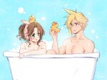  1boy 1girl aerith_gainsborough animal_ears bathtub blonde_hair blue_background brown_hair cloud_strife collarbone couple fake_animal_ears final_fantasy final_fantasy_vii hair_intakes hetero jewelry krudears long_hair mixed_bathing nude rabbit_ears ring shiny shiny_hair spiked_hair upper_body wedding_ring 