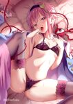  1girl black_hairband blue_shirt bra eyeball floral_print givuchoko hair_ornament hairband heart heart_hair_ornament heart_of_string komeiji_satori long_sleeves looking_at_viewer lying on_back panties pillow pink_hair rose_print shirt third_eye tongue tongue_out touhou underwear wide_sleeves 