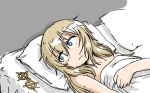  bed blonde_hair closed_mouth dutchko fnc_(girls&#039;_frontline) girls&#039;_frontline hair_ornament hand_on_own_chest head_on_pillow looking_away nude sweat sweatdrop 
