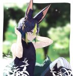  1boy adjusting_hair animal_ears black_hair earrings fox_boy fox_ears fox_tail genshin_impact green_eyes green_hair highres jewelry looking_to_the_side male_focus medium_hair multicolored_hair streaked_hair tail tighnari_(genshin_impact) turtleneck urooooboe 