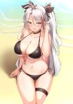  1girl :q absurdres azur_lane bangs bare_arms bare_shoulders beach bikini black_bikini black_choker black_ribbon blush breasts brown_eyes choker cleavage collarbone groin hair_between_eyes hair_ribbon hand_up highres large_breasts long_hair moyoron multicolored_hair navel official_alternate_costume open_mouth parted_bangs prinz_eugen_(azur_lane) prinz_eugen_(unfading_smile)_(azur_lane) red_hair ribbon sand side-tie_bikini skindentation smile solo streaked_hair swimsuit thigh_gap thigh_strap tongue tongue_out two_side_up very_long_hair water white_hair 