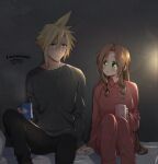  1boy 1girl 2021 aerith_gainsborough bangs bed_sheet black_pants black_shirt blonde_hair blue_eyes blush brown_hair closed_mouth cloud_strife collarbone collared_shirt couple cup dated dress_shirt eye_contact final_fantasy final_fantasy_vii green_eyes grey_background hair_between_eyes hair_intakes hetero holding holding_cup holding_hands indoors interlocked_fingers krudears long_hair long_sleeves looking_at_another open_mouth pajamas pants red_pants red_shirt shirt spiked_hair twitter_username very_long_hair watermark wing_collar 