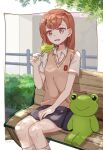  1girl acertaindosu bench brown_eyes brown_hair brown_vest feet_out_of_frame food gekota grey_skirt highres looking_at_viewer misaka_mikoto pleated_skirt popsicle railing school_uniform short_hair skirt solo stuffed_animal stuffed_frog stuffed_toy toaru_majutsu_no_index tokiwadai_school_uniform vest 