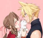  1boy 1girl 2020 :d aerith_gainsborough animal black_sweater blonde_hair blue_eyes blush bow bracelet braid braided_ponytail brown_hair cat closed_eyes cloud_strife dated earrings final_fantasy final_fantasy_vii from_side hair_between_eyes hair_bow holding holding_animal holding_cat jacket jewelry krudears long_hair open_mouth pink_background pink_bow ponytail portrait profile red_jacket ribbed_sweater shiny shiny_hair short_hair simple_background single_braid sleeveless sleeveless_sweater smile spiked_hair sweatdrop sweater twitter_username 