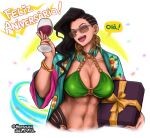  1girl :d abs black_hair box breasts cup dated drinking_glass earrings gift gift_box happy_birthday hershuar holding holding_cup jewelry laura_matsuda long_hair navel open_mouth portuguese_text smile speech_bubble street_fighter street_fighter_v sunglasses twitter_username upper_body wine_glass 