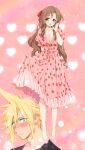  1boy 1girl aerith_gainsborough bangs black_shirt blue_eyes bracelet breasts brown_hair cleavage closed_mouth cloud_strife collarbone dress earrings final_fantasy final_fantasy_vii food_print full_body green_eyes hair_between_eyes hair_intakes hair_ribbon heart heart_background high_heels jewelry krudears long_hair looking_at_viewer medium_breasts necklace pink_background pink_dress pink_footwear pumps red_ribbon ribbon shirt skirt_hold solo_focus standing strawberry_print sweatdrop twitter_username very_long_hair watermark web_address 