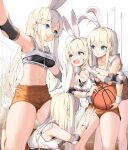 5girls :q absurdres ahoge animal_ears armpit_crease armpits ball bangs bare_shoulders basketball black_sports_bra blonde_hair blue_eyes blush breasts brown_shorts cleavage closed_mouth clothes_lift clothes_writing collarbone commentary_request crop_top dduck_kong english_text eye_contact hair_between_eyes highres holding holding_ball indoors large_breasts lifted_by_self long_hair looking_at_another looking_away medium_breasts midriff multiple_girls navel open_mouth original outstretched_arms rabbit_ears shirt shirt_lift short_shorts shorts sleeveless sleeveless_shirt smile sports_bra standing sweatband tank_top thighs tongue tongue_out v-shaped_eyebrows very_long_hair wavy_mouth white_hair white_shirt white_tank_top wrist_cuffs 