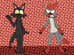  4:3 :3 angry anthro bedfellows black_body black_fur blandonproductions canid canine canis digital_media_(artwork) domestic_cat domestic_dog duo felid feline felis female fur grey_body grey_fur hair happy hi_res malaise_(the_bedfellows) mammal pantherine red_body red_fur sheena_(the_bedfellows) smile 