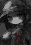  1girl black_eyes black_hair brodie_helmet chito_(shoujo_shuumatsu_ryokou) coat cross green_coat grey_background greyscale helmet highres leoleonardk10 looking_at_viewer military military_helmet military_uniform monochrome open_mouth pulling red_cross ringed_eyes shoujo_shuumatsu_ryokou uniform 