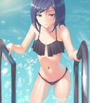  1girl a-chan_(hololive) alternate_costume ark_ford bikini blue_eyes blue_hair breasts commentary cowboy_shot highres hololive looking_down midriff navel partially_submerged pool pool_ladder shiny shiny_hair shiny_skin small_breasts solo swimsuit wet wet_hair 