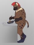  anthro appliance breakfast brown_body brown_fur chubby_male clothing cooking cookware crescent_moon cryptidcoyote egg facial_scar footwear footwear_only frohawk frying_pan fur hi_res hyaenid hybrid kitchen_utensils male mammal moon mostly_nude mr.hakkai nude scar socks socks_only solo spots spotted_body spotted_fur stove tired tools ursid 