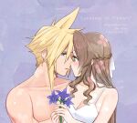  1boy 1girl 2020 aerith_gainsborough bare_shoulders blonde_hair blue_eyes blush braid breasts brown_hair cleavage cloud_strife collarbone couple dated english_text eye_contact final_fantasy final_fantasy_vii flower french_braid green_eyes hair_ribbon hetero holding holding_flower imminent_kiss krudears looking_at_another parted_lips purple_background purple_flower ribbon shiny shiny_hair shirt signature sleeveless sleeveless_shirt spaghetti_strap spiked_hair title twitter_username upper_body watermark web_address white_ribbon white_shirt 