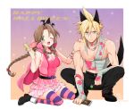  1boy 1girl 2020 ;d aerith_gainsborough animal_ears bandaged_chest bandages bare_arms black_footwear black_headwear black_pants blonde_hair blood blood_on_bandages blue_eyes border braid braided_ponytail breasts brown_hair cleavage cloak closed_mouth cloud_strife collarbone dated fang fang_out final_fantasy final_fantasy_vii floating_hair full_body green_eyes hair_intakes hair_ribbon hand_on_another&#039;s_shoulder hat holding jacket krudears layered_skirt long_hair looking_at_viewer medium_breasts mini_hat miniskirt nipples one_eye_closed outside_border pants pink_blood pink_cloak pink_jacket pink_skirt ponytail red_ribbon ribbon sitting skin_fang skirt sleeveless sleeveless_jacket smile spiked_hair squatting striped striped_legwear sweatdrop tail thighhighs twitter_username very_long_hair wariza white_border witch_hat wolf_ears wolf_tail zettai_ryouiki 