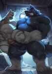  2022 anthro balls blush canid canine canis curtis_wuedti detailed_background domestic_dog duo genitals heulen_(character) hi_res humanoid_genitalia humanoid_hands humanoid_penis inside kemono male male/male mammal musclegut navel overweight overweight_male penis white_body wolf 