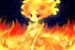  1girl colored_skin dress fiery_hair fire hand_up looking_at_viewer red_eyes smile solo st&amp;rs star_(sky) tanpopo_hayabusa-maru yellow_skin 