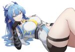  1girl absurdres arknights bangs bare_shoulders blue_eyes blue_hair breasts commentary hand_up highres horns ling_(arknights) long_hair looking_at_viewer lying medium_breasts necktie on_back pointy_ears shirt smile solo thigh_strap thighs white_shirt yellow_necktie yuu_azma 