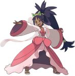  1girl artist_request black_hair crown dark-skinned_female dark_skin hair_ornament holding holding_poke_ball iris_(pokemon) long_hair long_sleeves looking_to_the_side lowres official_art pants poke_ball pokemon pokemon_(game) pokemon_bw ponytail red_eyes sandals shoes smile solo standing transparent_background veil white_background white_footwear 