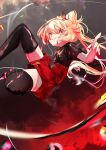  1girl alternate_costume black_shirt black_thighhighs blonde_hair breasts feet_out_of_frame flandre_scarlet hair_between_eyes highres long_hair looking_at_viewer neck_ribbon no_hat no_headwear open_mouth red_background red_eyes red_ribbon red_shorts ribbon sawararado shirt short_sleeves shorts side_ponytail small_breasts solo teeth thighhighs touhou wings 