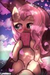  bodily_fluids cherry_blossom crying equid equine feathered_wings feathers female feral fluttershy_(mlp) friendship_is_magic green_eyes hair holding_object lumineko mammal my_little_pony pegasus pink_hair plant solo tears tears_of_joy tree wings yellow_body 