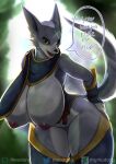  absurd_res anthro areola big_breasts blue_body breasts canid canine canis canyne capcom clothed clothing featureless_crotch female fur hi_res looking_at_viewer mammal monster_hunter moodang nipples palamute smile solo text video_games 