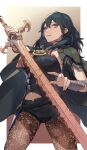  1girl armor bangs black_coat black_shirt black_shorts blue_eyes blue_hair breasts brown_pantyhose bustier byleth_(fire_emblem) byleth_(fire_emblem)_(female) clothing_cutout coat commentary_request cowboy_shot dagger fire_emblem fire_emblem:_three_houses hair_between_eyes hand_up highres holding holding_sword holding_weapon knife kouda_hayato_(e-gis) large_breasts long_hair looking_at_viewer medal navel navel_cutout pantyhose parted_lips patterned_legwear shirt short_shorts shorts shoulder_armor sidelocks solo standing strapless strapless_shirt sword sword_of_the_creator vampire weapon 
