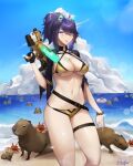  1girl animal_ears artist_name beach belt bikini black_belt black_jacket blue_eyes blue_hair blue_sky breasts capybara cat_ears chest_tattoo cleavage cloud commentary crab english_commentary fake_animal_ears gun highres holding holding_gun holding_weapon jacket jungle1229 kson large_breasts looking_at_viewer multicolored_hair navel purple_hair sand short_sleeves sky souchou streaked_hair swimsuit tattoo thigh_strap two-tone_bikini virtual_youtuber vshojo water water_gun weapon 