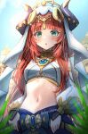  1girl absurdres bangs blue_sky blush brooch commentary_request crop_top day doyamona genshin_impact green_eyes highres horns jewelry long_hair long_sleeves looking_at_viewer midriff navel nilou_(genshin_impact) parted_lips partial_commentary red_hair sky solo stomach upper_body veil 