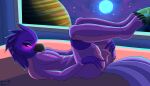  absurd_res animal_genitalia anthro avian bed bird butt clothing erection furniture gas_giant genitals glowing glowing_eyes hand_on_butt hi_res legwear looking_at_another male penis pink_body pink_eyes planet purple_body redness sam_(therobd) slit solo space star station stockings sun therobd tongue 