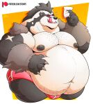  2022 anthro belly big_belly big_moobs body_hair border bulge chest_hair claws clothing eyebrows fur hand_on_stomach hi_res holding_object licking licking_lips licking_own_lips looking_at_viewer male moobs narrowed_eyes navel nintendo nipples obese obese_anthro obese_male obstagoon orange_background overweight overweight_anthro overweight_male paper pok&eacute;mon pok&eacute;mon_(species) self_lick simple_background smile solo standing stompsthecroc teeth text tongue tongue_out tuft underwear url video_games white_border 