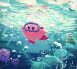  air_bubble blue_eyes bubble colored_skin diving_mask glunk_(kirby) goggles gordo highres holding_breath kirby kirby_(series) no_humans pink_skin rock slushy_(kirby) solo squishy_(kirby) submerged suyasuyabi swimming underwater 