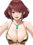  1girl bangs bare_shoulders breasts chest_jewel cleavage gold_bikini highres j@ck large_breasts looking_at_viewer open_mouth pyra_(xenoblade) red_eyes red_hair short_hair swept_bangs upper_body white_background xenoblade_chronicles_(series) xenoblade_chronicles_2 