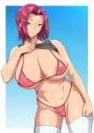  1girl absurdres bikini blue_eyes blush breasts clothes_lift code_geass highres kallen_stadtfeld large_breasts lifted_by_self looking_at_viewer red_hair shiny shiny_hair shiny_skin shirt_lift short_hair solo swimsuit thighhighs toya_(yuyasilust) 