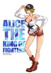  1girl alice_garnet_nakata artist_name bangs bare_shoulders belt blonde_hair breasts character_name fatal_fury_cap green_eyes highres legs looking_at_viewer loose_belt oversized_clothes red_shorts rocohisaya short_shorts shorts signature smile snk solo standing the_king_of_fighters the_king_of_fighters_xiv twitter_username 