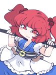  1girl blush_stickers fried_rice0614 frills hair_bobbles hair_ornament highres holding looking_at_viewer onozuka_komachi puffy_short_sleeves puffy_sleeves red_eyes red_hair short_sleeves simple_background smile solo touhou two_side_up v-shaped_eyebrows white_background 