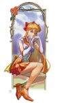  1girl absurdres aino_minako artist_name bishoujo_senshi_sailor_moon blonde_hair blue_eyes bow breasts choker covered_navel elbow_gloves flower full_body gloves hair_bow high_heels highres long_hair miniskirt orange_choker pleated_skirt ribosoma_42 rose sailor_collar sailor_venus signature skirt small_breasts smile solo thorns v-shaped_eyebrows very_long_hair white_gloves 