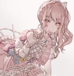  1other akazu_kieshi akiyama_mizuki corset crinoline detached_sleeves dress frilled_dress frills hair_ornament hair_ribbon hand_on_own_face hand_up highres lace layered_dress pale_color pink_eyes pink_hair pink_theme project_sekai ribbon side_ponytail smile solo white_background 