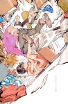  2boys black_hair blonde_hair book chair child fighting floating floating_hair floating_object hanazawa_teruki highres holding holding_another&#039;s_wrist jacket kageyama_shigeo knife long_sleeves male_focus mob_psycho_100 multiple_boys muyihui paper purple_jacket red_shorts school_uniform shirt short_hair short_sleeves shorts table taunting white_footwear white_shirt 