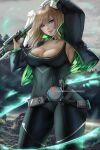  1girl aura bangs black_bodysuit black_choker black_jacket blue_eyes bodysuit breast_tattoo breasts choker cleavage eunie_(xenoblade) head_wings holding holding_weapon hood hoodie jacket large_breasts long_hair long_sleeves looking_at_viewer open_clothes open_jacket solo tattoo weapon wei_(promise_0820) white_wings wings xenoblade_chronicles_(series) xenoblade_chronicles_3 