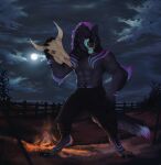 anthro blindrain blue_tongue bone campfire canid canine claws clothed clothing evil_grin fangs hi_res licking licking_lips logyn male mammal muscular muscular_male night outside partially_clothed pose shirtless skull smile solo standing tongue tongue_out were werecanid werecanine werewolf 