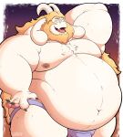  2022 anthro asgore_dreemurr beard belly big_belly big_moobs border boss_monster bovid bulge caprine claws clothing eyebrows facial_hair fur goat gradient_background hair hand_behind_head hi_res horn long_ears long_hair looking_at_viewer love_handles male mammal moobs navel nipples obese obese_anthro obese_male open_mouth open_smile orange_background overweight overweight_anthro overweight_male purple_background seductive signature simple_background smile solo standing stompsthecroc thick_thighs tongue tuft undertale undertale_(series) underwear video_games white_border 