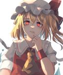  1girl :3 absurdres aru16 ascot blonde_hair blood blood_from_mouth closed_mouth collared_shirt commentary finger_to_mouth fingernails flandre_scarlet frilled_shirt_collar frills hair_between_eyes hat hat_ribbon highres looking_at_viewer medium_hair mob_cap puffy_short_sleeves puffy_sleeves red_eyes red_ribbon red_vest ribbon sharp_fingernails shirt short_sleeves side_ponytail simple_background solo symbol-only_commentary teeth touhou upper_teeth vest white_background white_headwear white_shirt yellow_ascot 