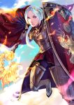  1girl absurdres armor axe aymr_(fire_emblem) breasts cape closed_mouth edelgard_von_hresvelg fire fire_emblem fire_emblem:_three_houses fire_emblem_warriors:_three_hopes gloves hair_ornament highres long_hair long_sleeves looking_at_viewer miss_eliott purple_eyes red_cape shield simple_background solo white_hair 